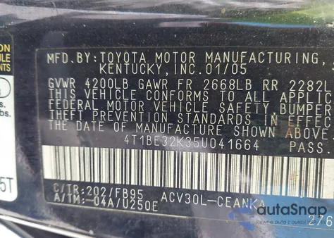 2005 Toyota Camry Std from USA, damaged, VIN 4T1BE32K35U041664